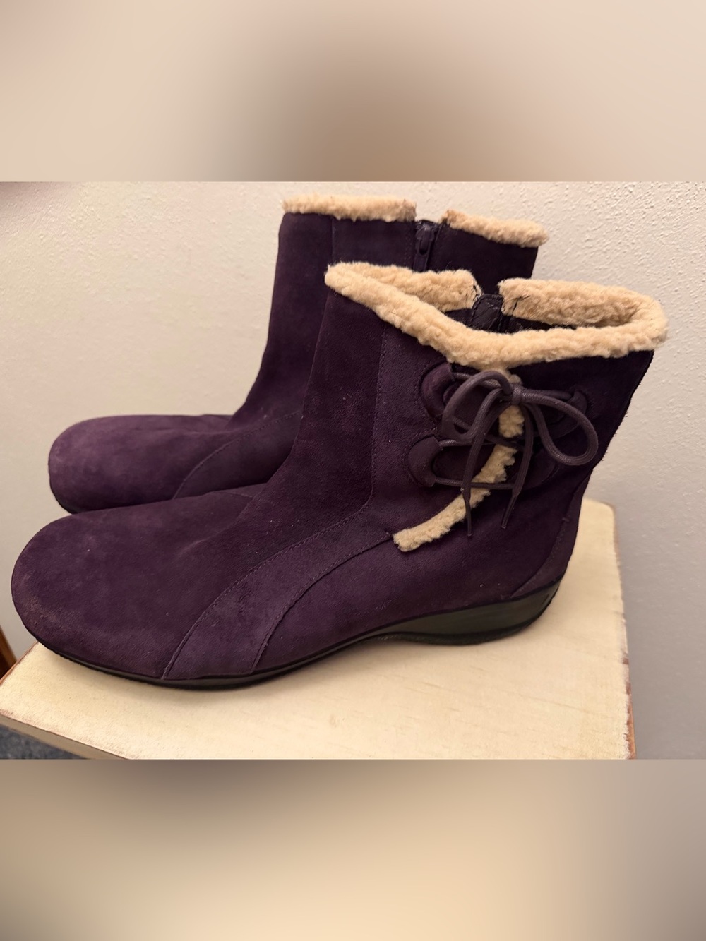 Clarks Purple Suede Faux-Fur Trim Ankle Boots